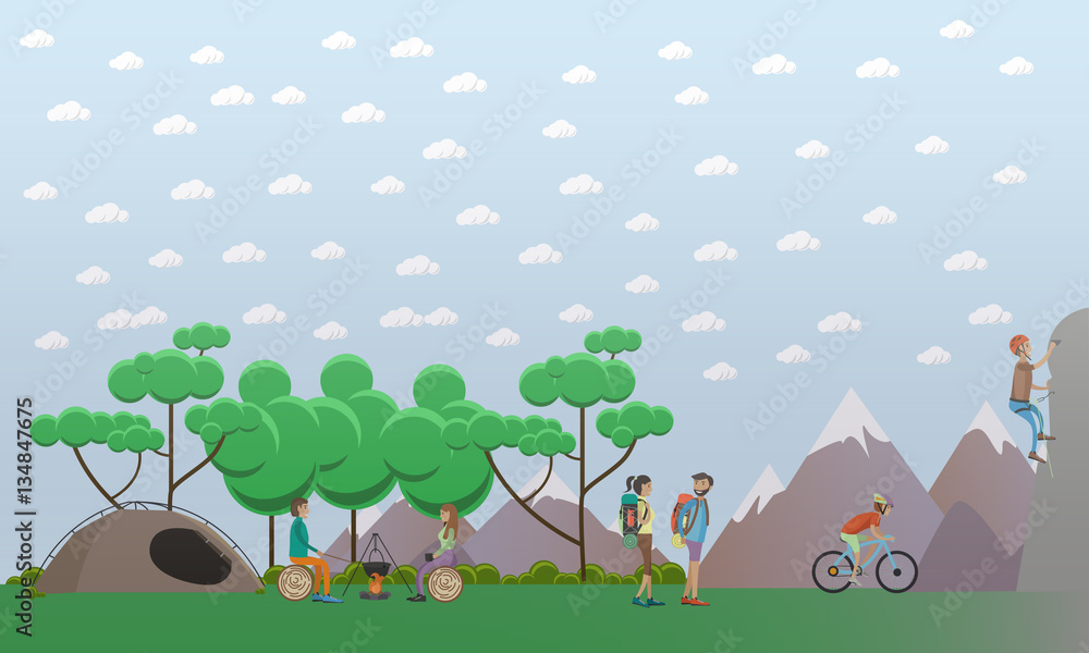 Hiking in mountains concept design element in flat style.