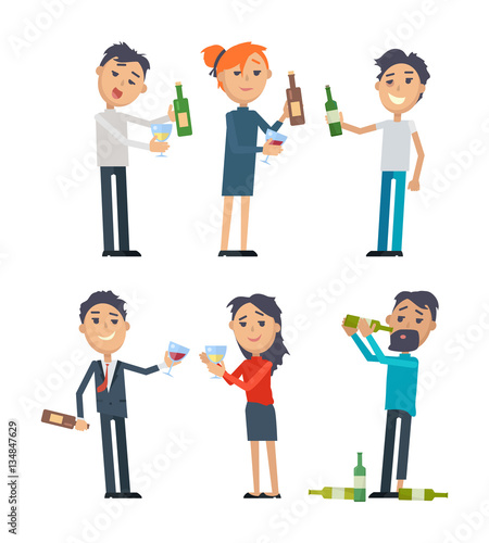 Drunk People with Alcohol Flat Vectors Set 