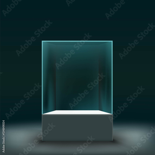 Glass showcase for the exhibition in the form of a cube. Stock v photo