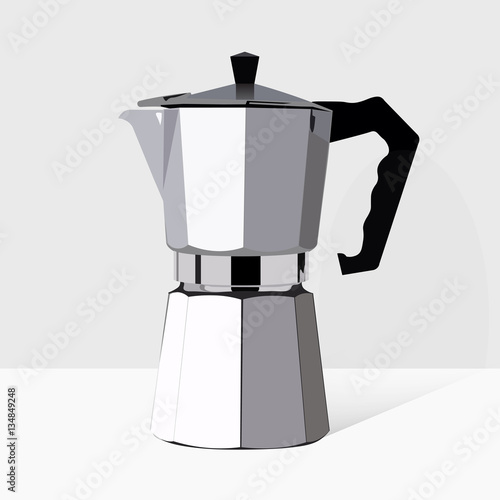 Traditional Italian style coffee maker. Vector realistic moka pot icon. Retro espresso machine symbol design. Vintage object 3d illustration.