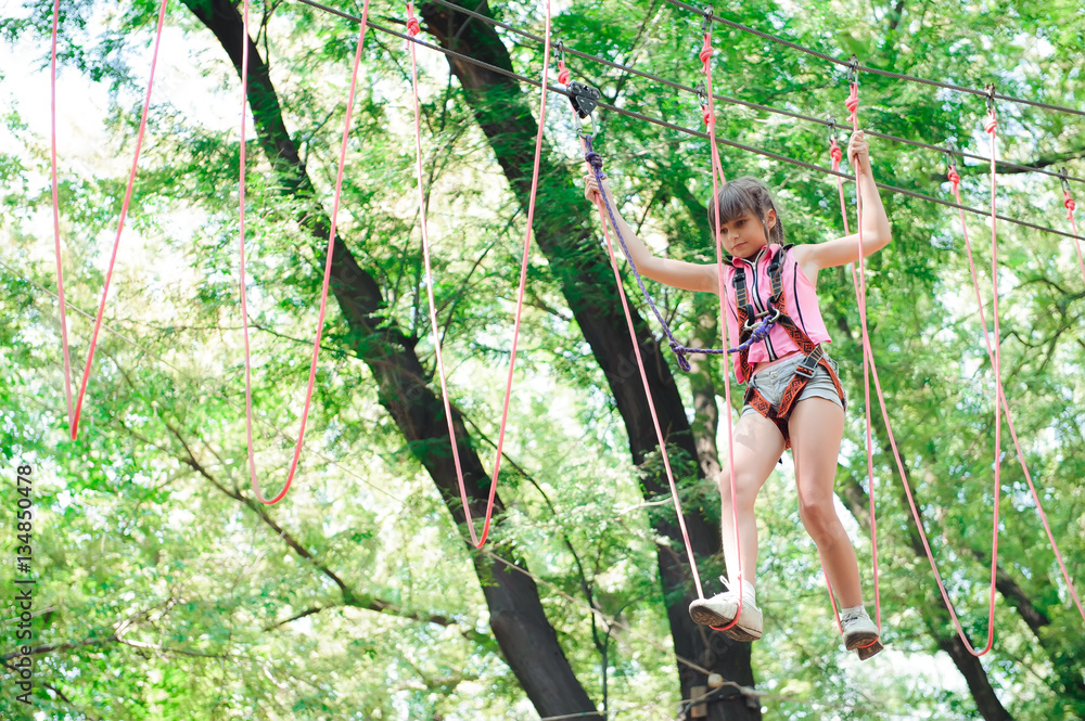 adventure climbing high wire park - hiking in the rope park girl