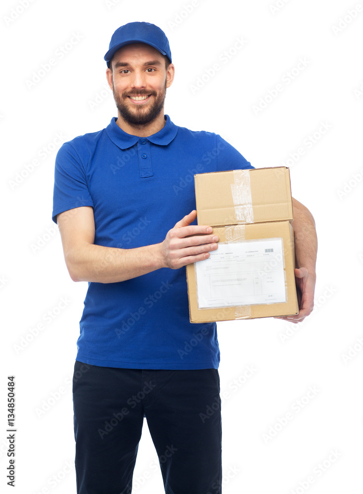 happy delivery man with parcel boxes happy delivery man with parcel boxes