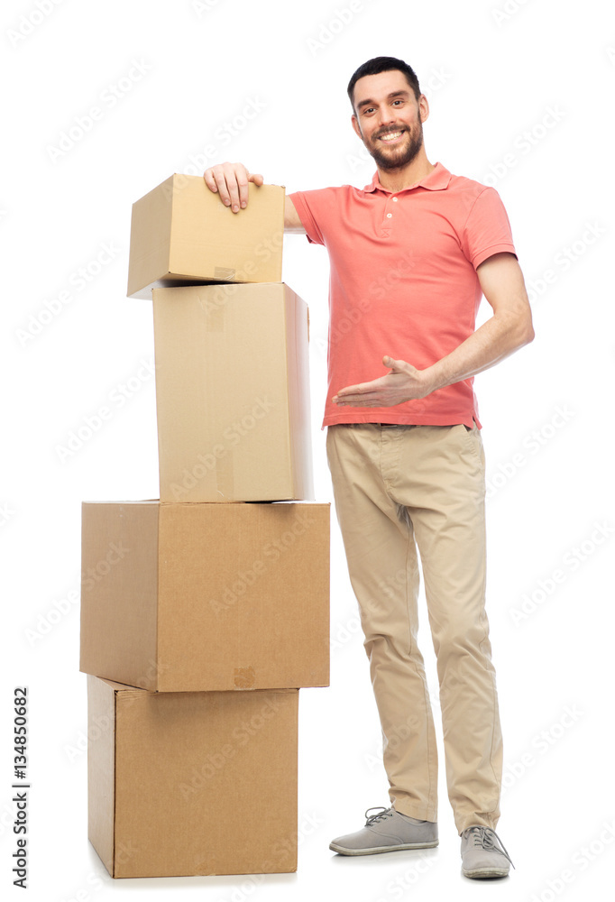 happy man with cardboard boxes happy man with cardboard boxes