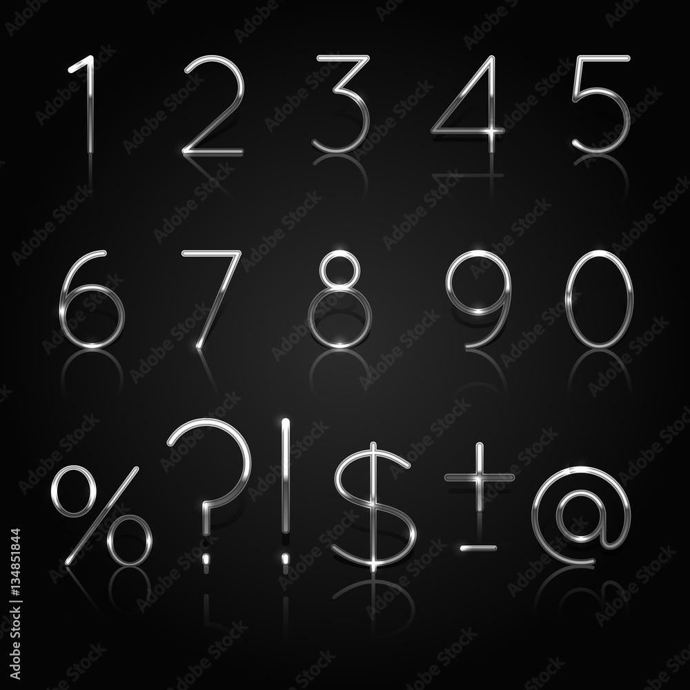 Silver numbers. Set of silver numbers and punctuation marks isolated on black background. Vector Illustration Silver numbers. Set of silver numbers and punctuation marks isolated on black background. Vector Illustration