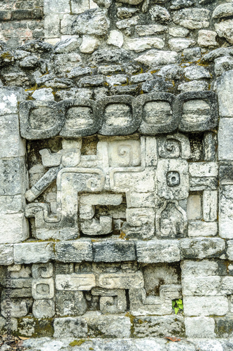 geometric decorations in the Mayan ruins of the archaeological place of Becan in the reservation of the biosphere of Calakmul in Campeche, Mexico.