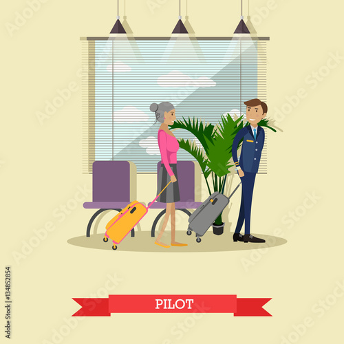Vector illustration of pilot with baggage in flat style