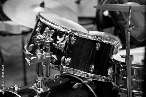 Detail of a drum kit in black and white