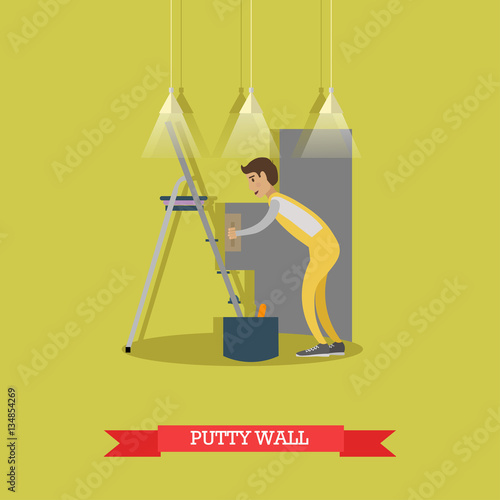 Vector illustration of plasterer puttying wall in flat style