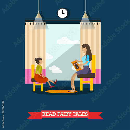 Vector illustration of volunteer reading fairy tales for little girl