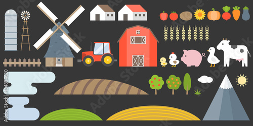 Design elements of farm and barn collection include animal, field, vegetable, tractor and construction, flat style vector illustration