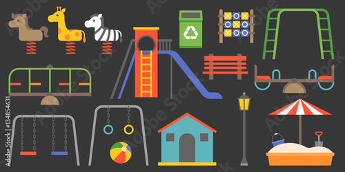 Big set of playground equipment vector illustration, carousel, swings, slides, sandbox, seesaw, bench, flat design