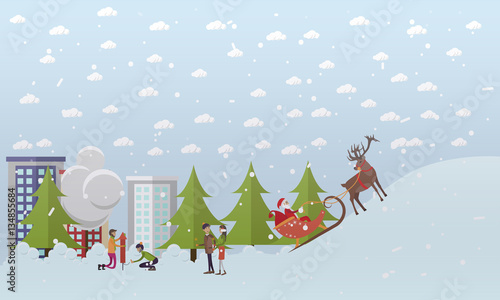 Vector illustration of Santa Claus riding sleigh in flat style