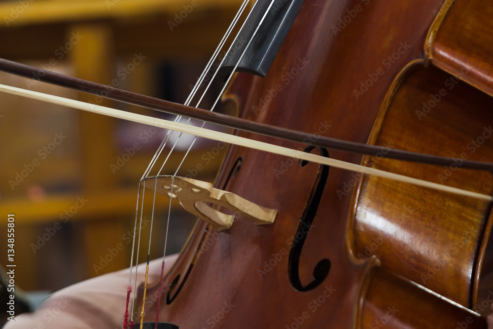 The bow on the strings of the cello closeup The bow on the strings of the cello closeup