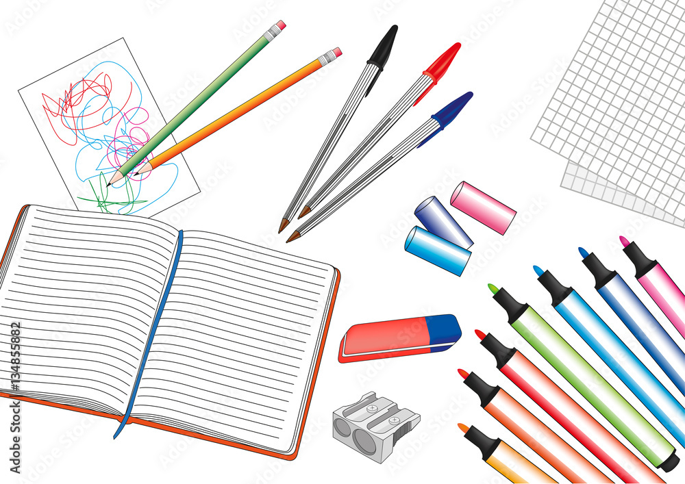 penne, quaderno, pennarelli, articoli scuola cartoleria cancelleria Stock  Vector