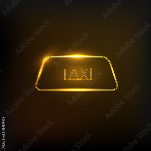 Taxi car roof sign on a black background. Neon public transport design. Vector illustration. 