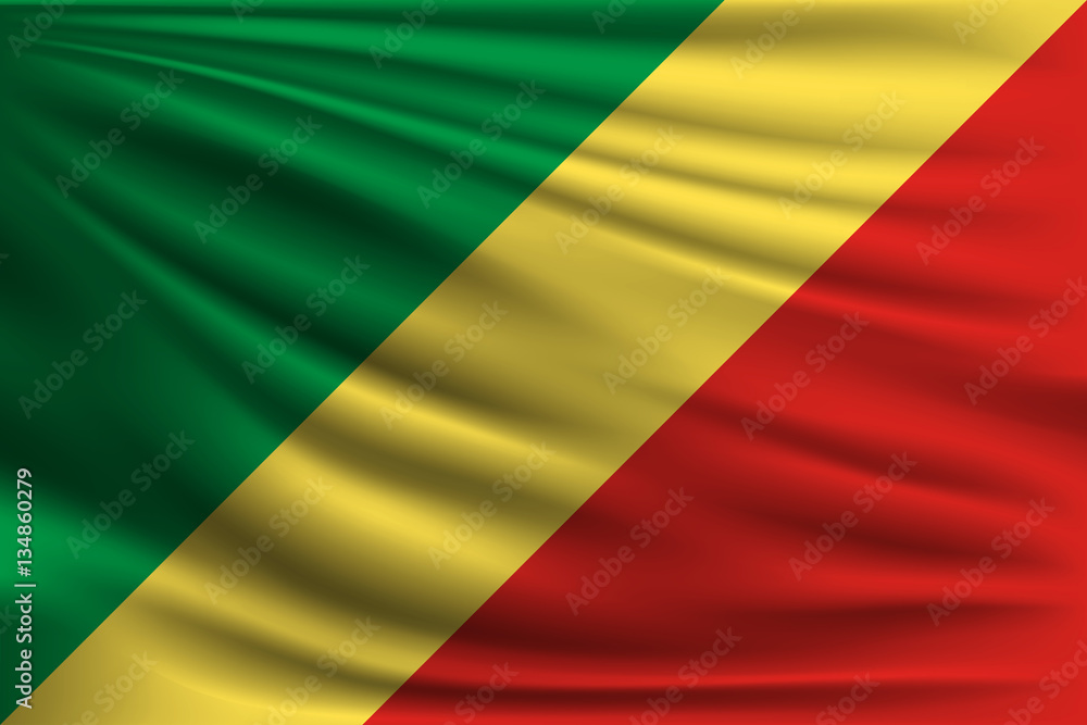 The national flag of people's republic of the congo. The symbol of the state on wavy silk fabric. Realistic vector illustration.