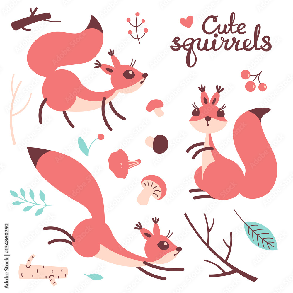 Naklejka premium Cartoon cute squirrel. Little funny squirrels. Vector illustration