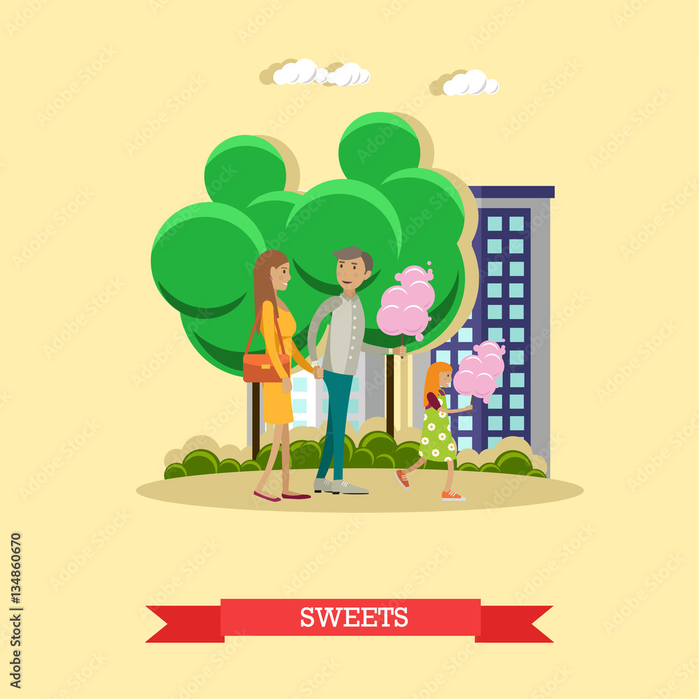Vector illustration of happy family with cotton candy, flat style Vector illustration of happy family with cotton candy, flat style