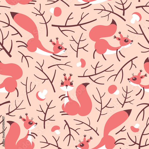 Little cute squirrels in the fall forest. Seamless autumn pattern for gift wrapping, wallpaper, childrens room or clothing.