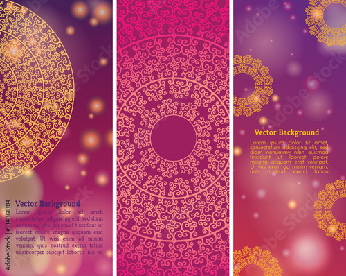 Set of Indian country ornament illustration concept. Ethnic & Colorful Henna Mandala design, on festive and glitter bokeh background.