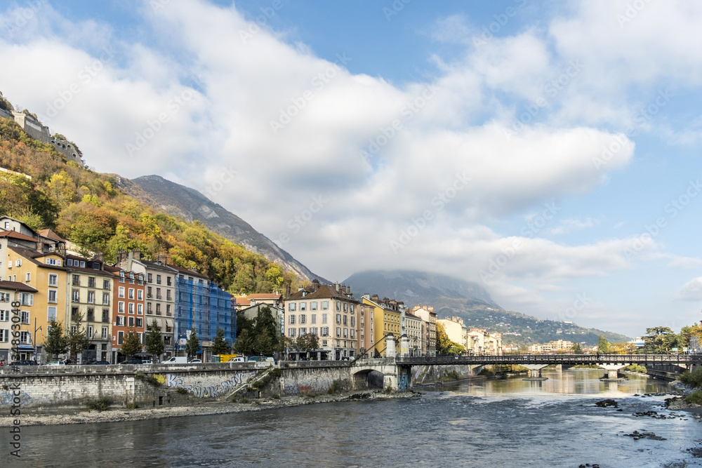 cityscape view with  river and bridge in Grenoble
