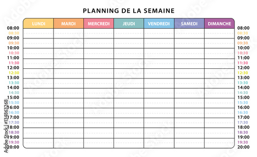 Emploi du temps. Planning semaine. Jours et horaires en couleurs. photo