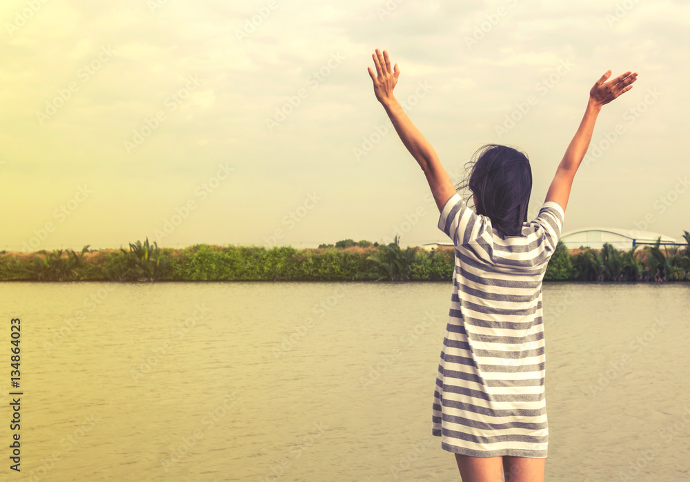 beautiful asian woman standing and relax near lake, beautiful asian woman standing and relax near lake,