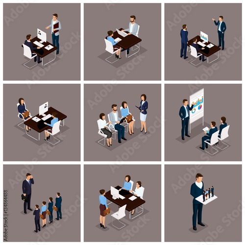 Business people isometric set of women and men in a set of 3D business concept isolated on a dark background