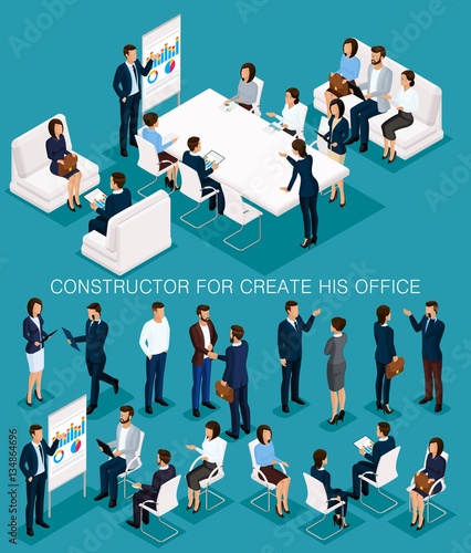 Business people isometric set to create his illustrations of the meeting and brainstorming with men and women in corporate attire isolated on a blue background © elizaliv