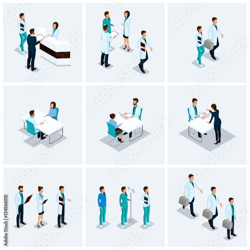 Set Isometric health care providers, surgeons, nurse, doctor kits Hospital 3D concept isolated on a light background
