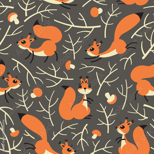 Little cute squirrels in the fall forest. Seamless autumn pattern for gift wrapping, wallpaper, childrens room or clothing.
