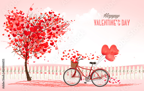 Valentine's Day background with a heart shaped trees and a bicyc photo