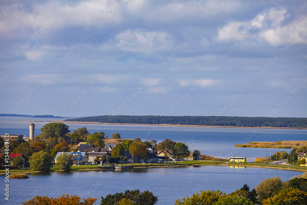 Peninsula and nice village, view from castle tower, coast of Baltic sea, Haapsalu, Estonia