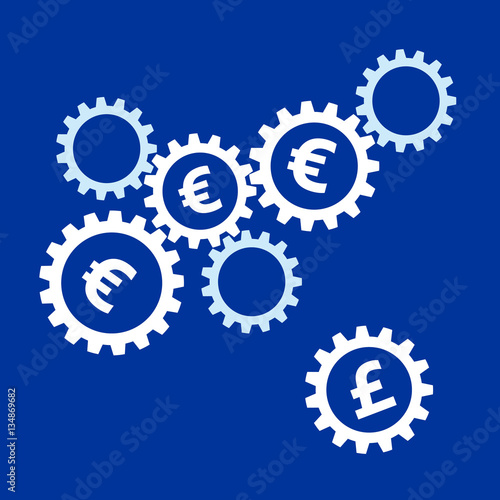 Rotating gears with euro currency symbols inside and gear with pound at a distance. Brexit financial concept. Mechanism with money signs. Simple flat vector clip art.