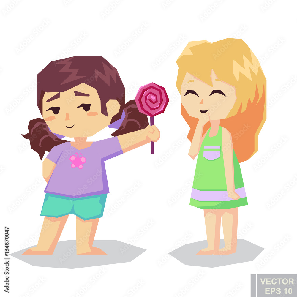 two girl share candy reconciliation after a quarrel First love Vector flat cartoon illustration
