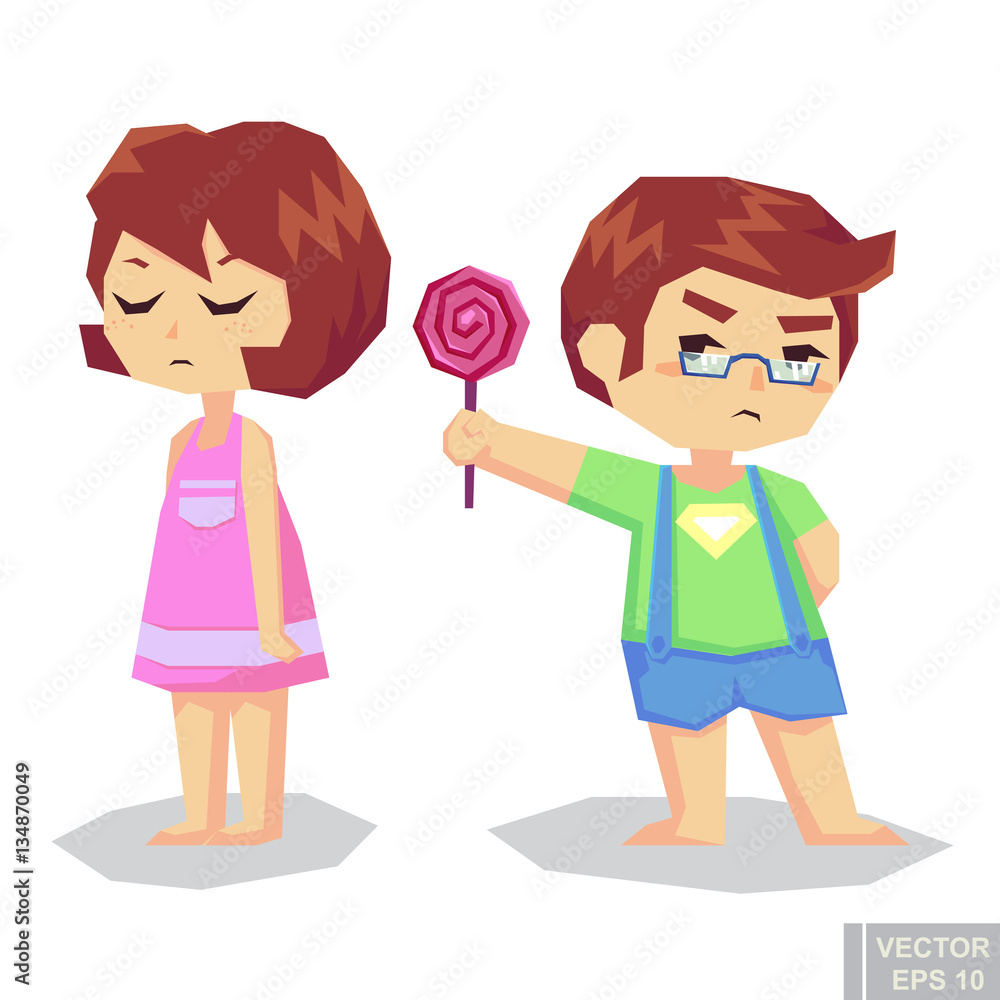 boy and girl share candy reconciliation after a quarrel First love Vector flat cartoon illustration