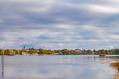 Sea profile of small town Haapsalu with castle tower, coast of Baltic sea, Estonia