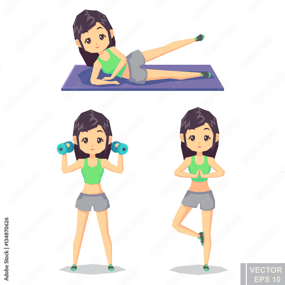 Active fitness girl lifts weights and exercises. Vector character illustration in different poses in cartoon style. Active fitness girl lifts weights and exercises. Vector character illustration in different poses in cartoon style.