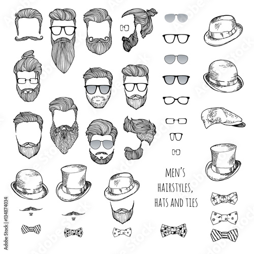 Hipster set. Beards, glasses, bow ties and hats.