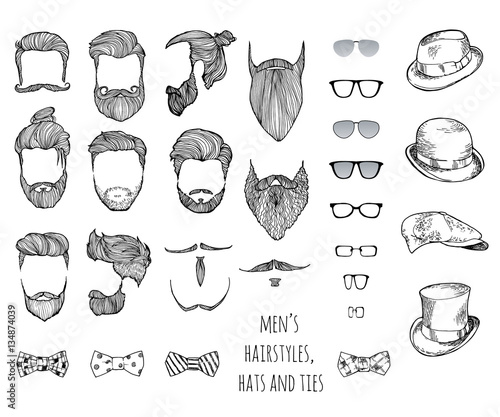 Hipster set. Beards, glasses, bow ties and hats.