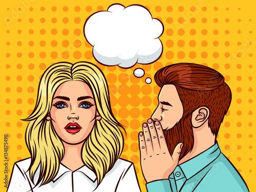 Handsome man wants to tell the secret beautiful woman. Modern guy and girl of the European type with speech bubble on background of pop art style. Woman with shock emotion on her face