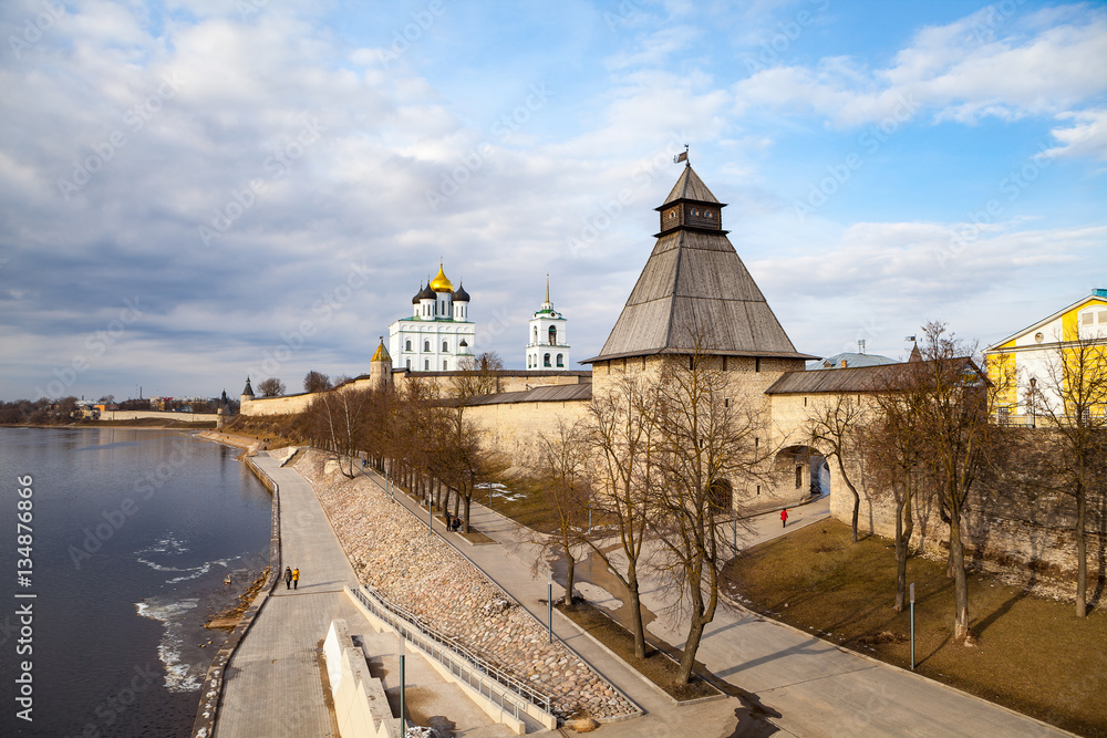 Pskov Kremlin fortress wall with beautiful embankment