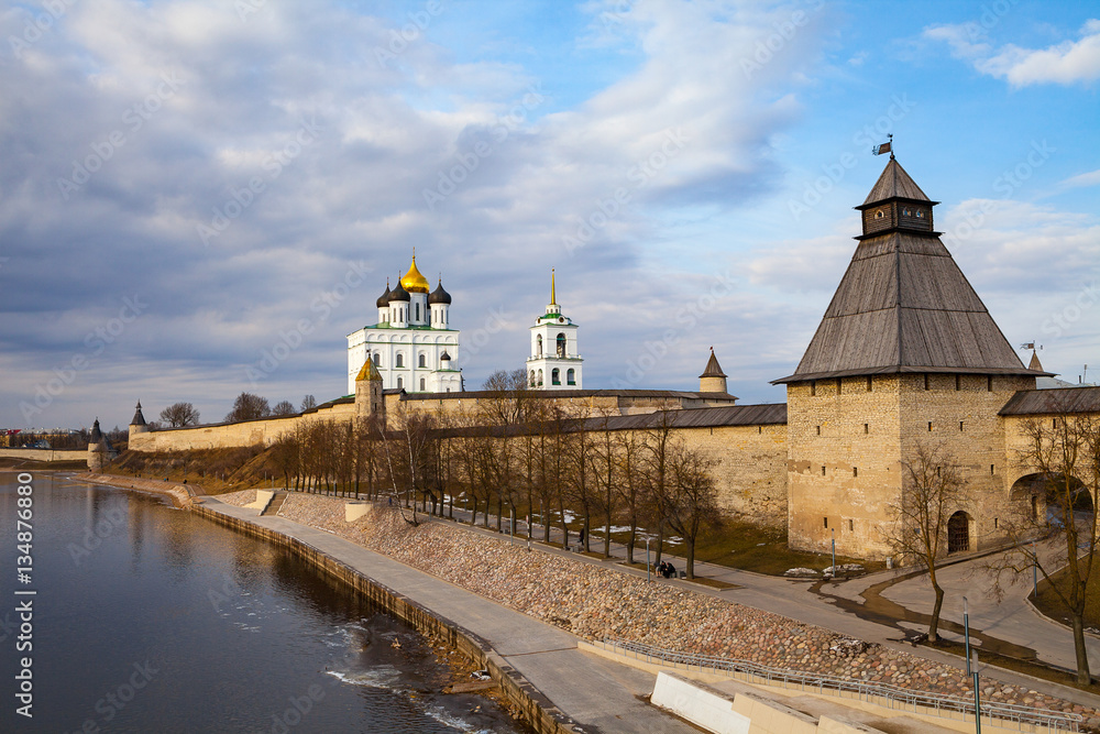 Pskov Kremlin (Krom) fortress wall with beautiful embankment