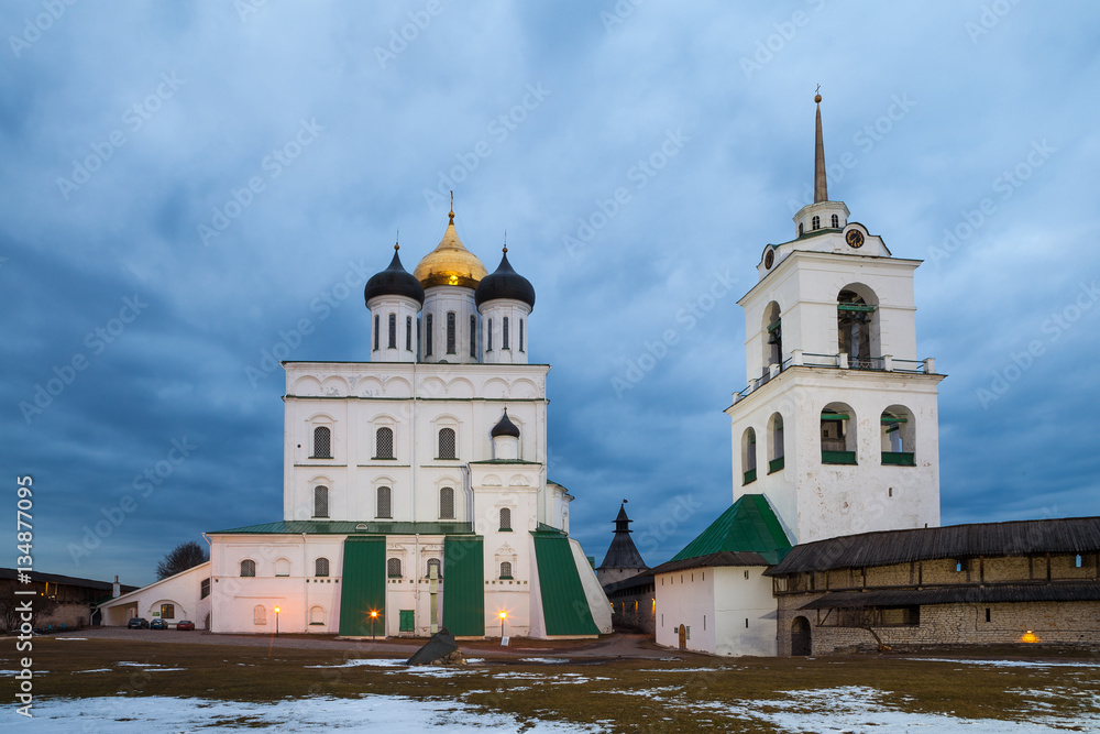Pskov Kremlin fortress. Cathedral at the evening
