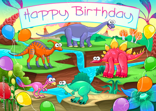 Happy Birthday card with funny dinosaurs