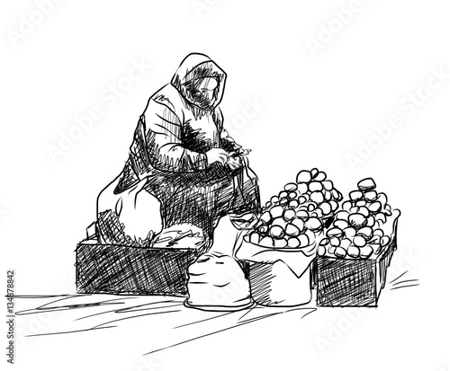 Sketch of Fruit seller in Vector. 
