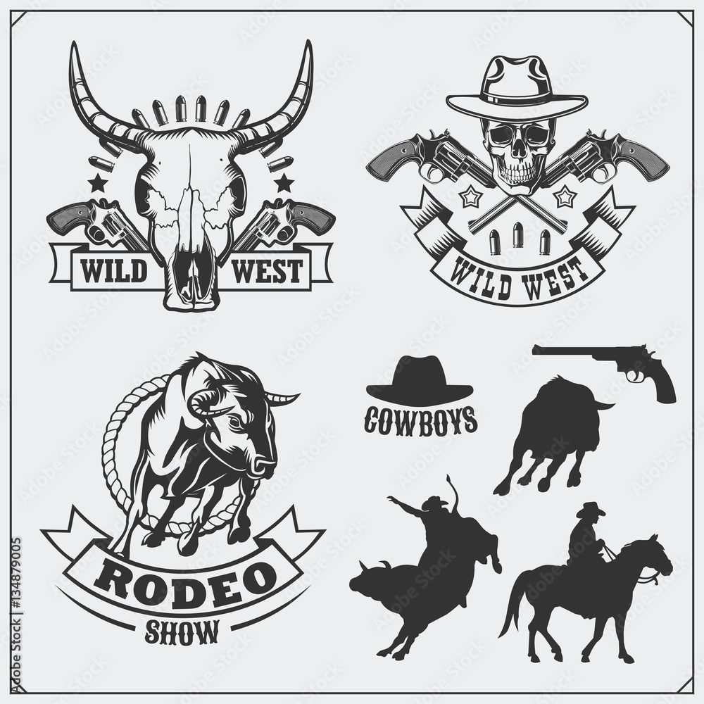 Wild west. Set of rodeo, sheriff and cowboy vintage emblems, labels, badges and design elements. Wild west. Set of rodeo, sheriff and cowboy vintage emblems, labels, badges and design elements.