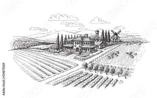Vintage landscape. Farm  agriculture sketch