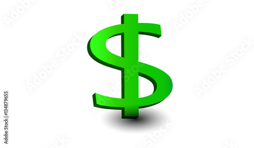 Green dollar symbol with shadow on a white isolated background. Finance and bussiness concept.