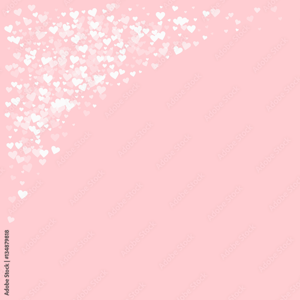 White hearts confetti. Top left corner on pale_pink valentine background. Vector illustration.